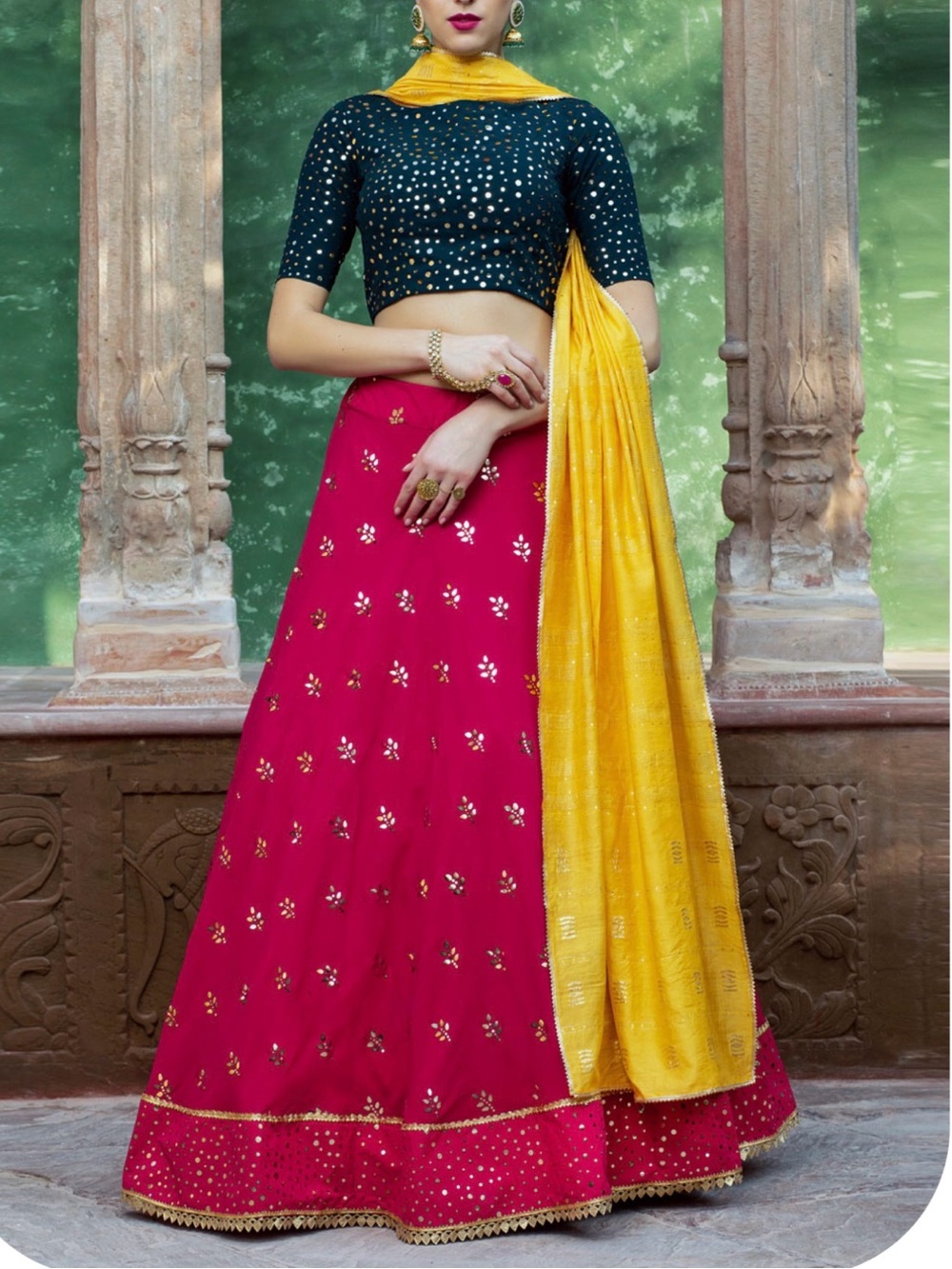 Women’s Pink Embellished Lehenga Skirt with Yellow Dupatta